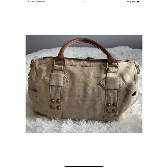 FOSSIL Grayson Beige Canvas Fabric Satchel Bag Added Floral Accessories ***READ - Picture 3 of 12